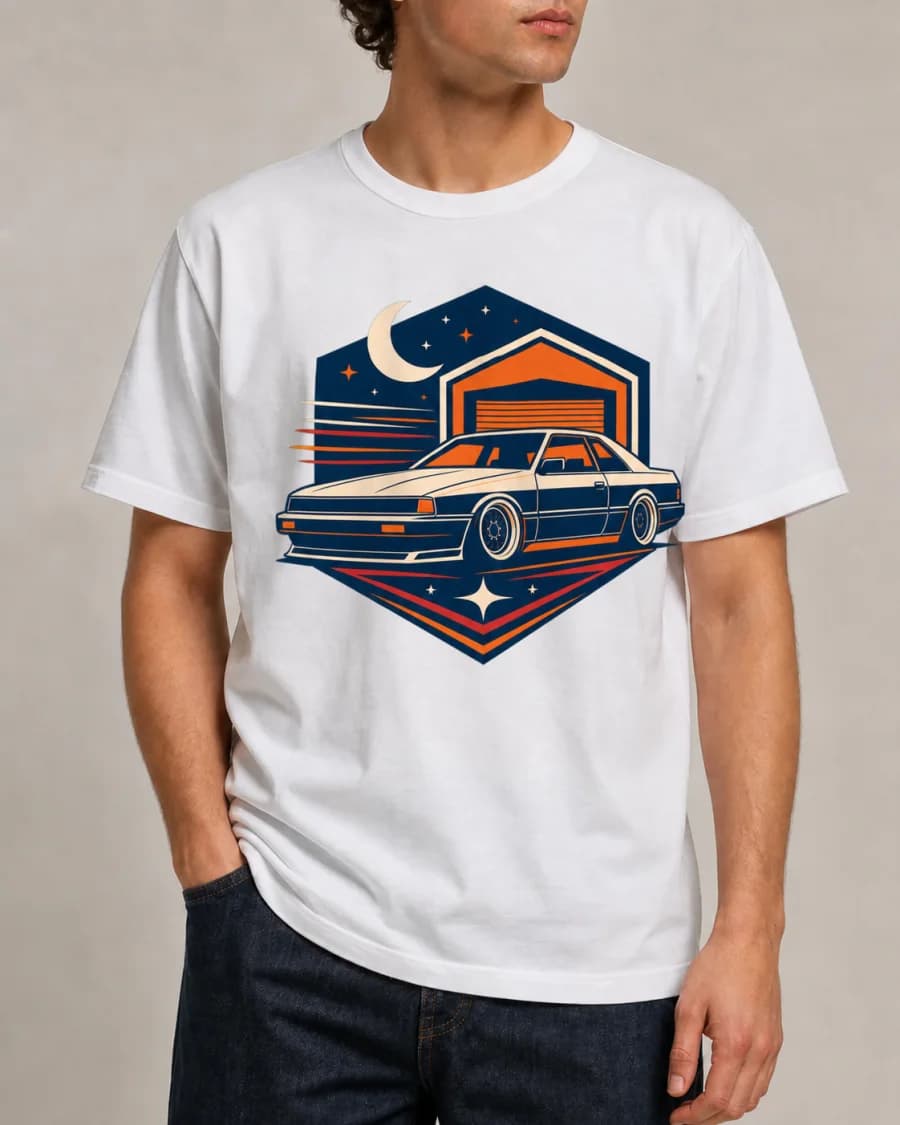 Model üzerinde Midnight Garage Baskılı Tişört